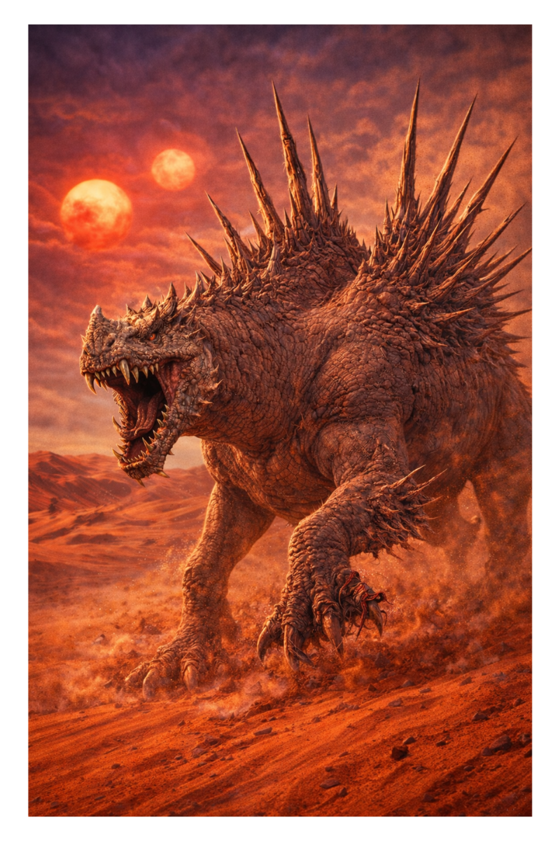 Monster with spiky back and open mouth on a fiery landscape