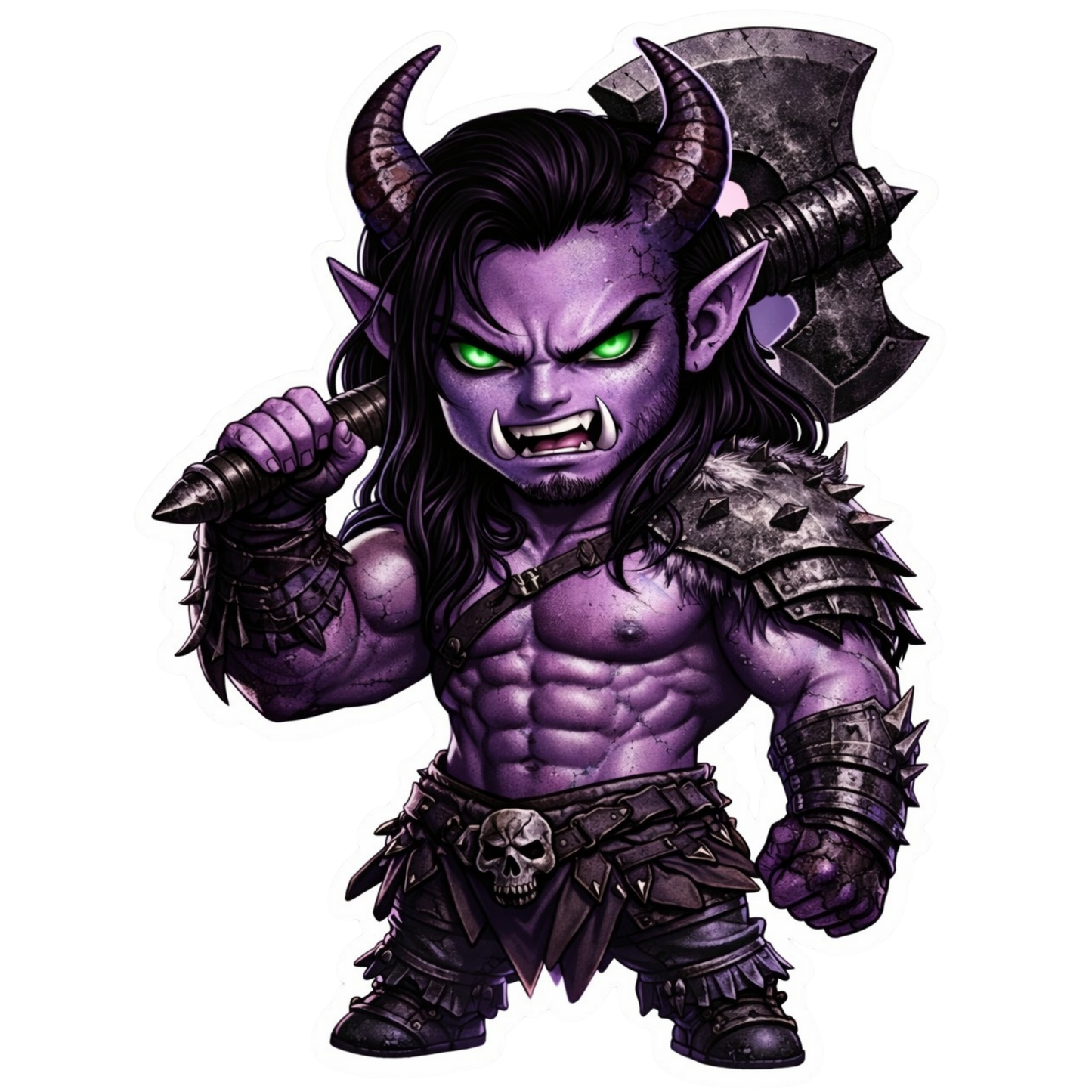 Chibi Urr’ki alien warrior sticker holding an axe with glowing green eyes