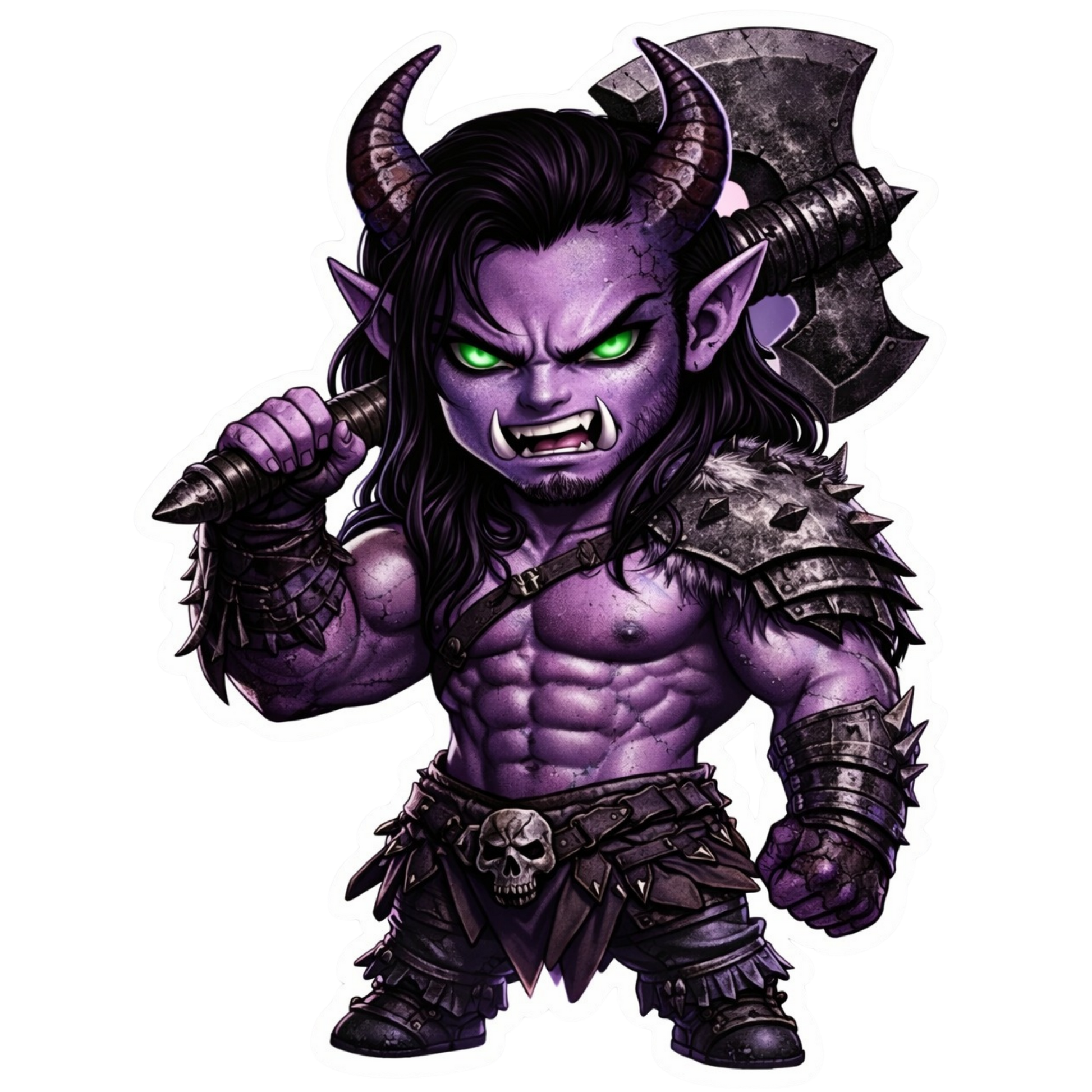 Chibi Urr’ki alien warrior sticker holding an axe with glowing green eyes