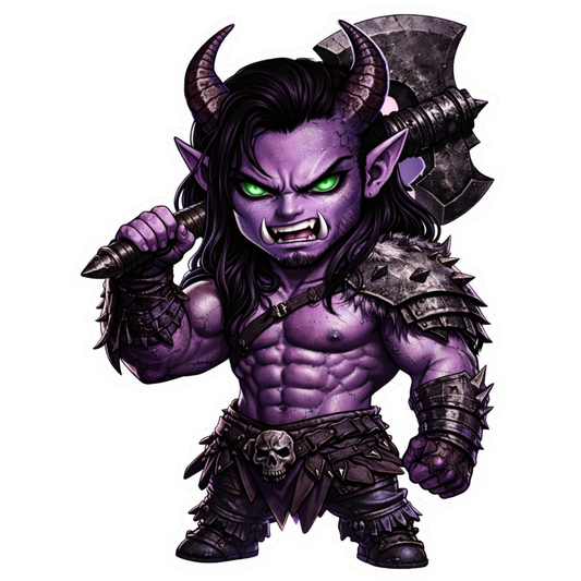 Chibi Urr’ki alien warrior sticker holding an axe with glowing green eyes