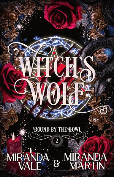 Book cover of 'Witch's Wolf' with red roses, candles, and decorative elements.