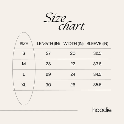 Size chart for a hoodie with dimensions in inches.