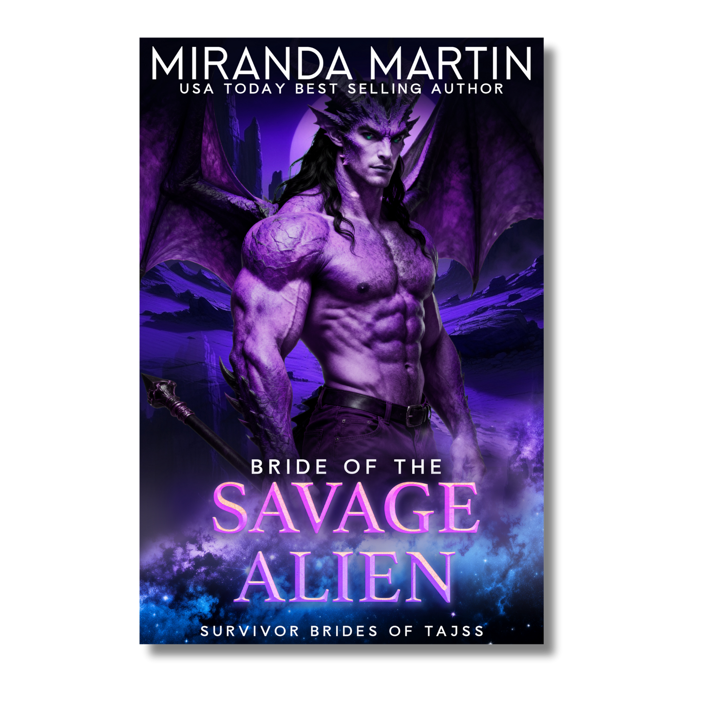 3-inch Bride of the Savage Alien vinyl sticker featuring a purple winged alien warrior from a sci-fi romance cover