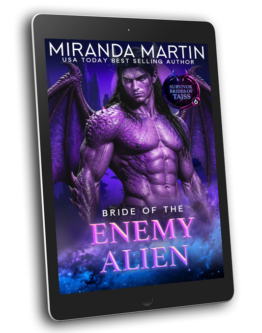 A tablet device displaying a romance novel cover titled "Bride of the Enemy Alien" by Miranda Martin, with fantasy artwork of a muscular winged man in purple tones.