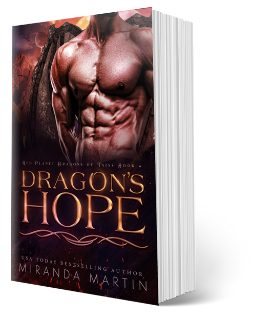 This image features the captivating cover of "Dragon's Hope" by Miranda Martin, a paperback that promises to transport readers into a thrilling sci-fi romance genre. The cover vividly depicts a muscular, winged figure with a scaly texture, suggestive of the dragon-men mentioned in the book's description.