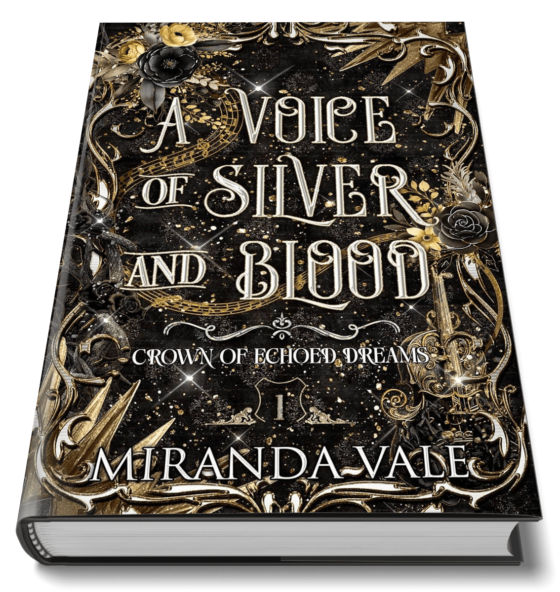 Book cover of 'A Voice of Silver and Blood' by Miranda Vale with ornate design and gold accents.