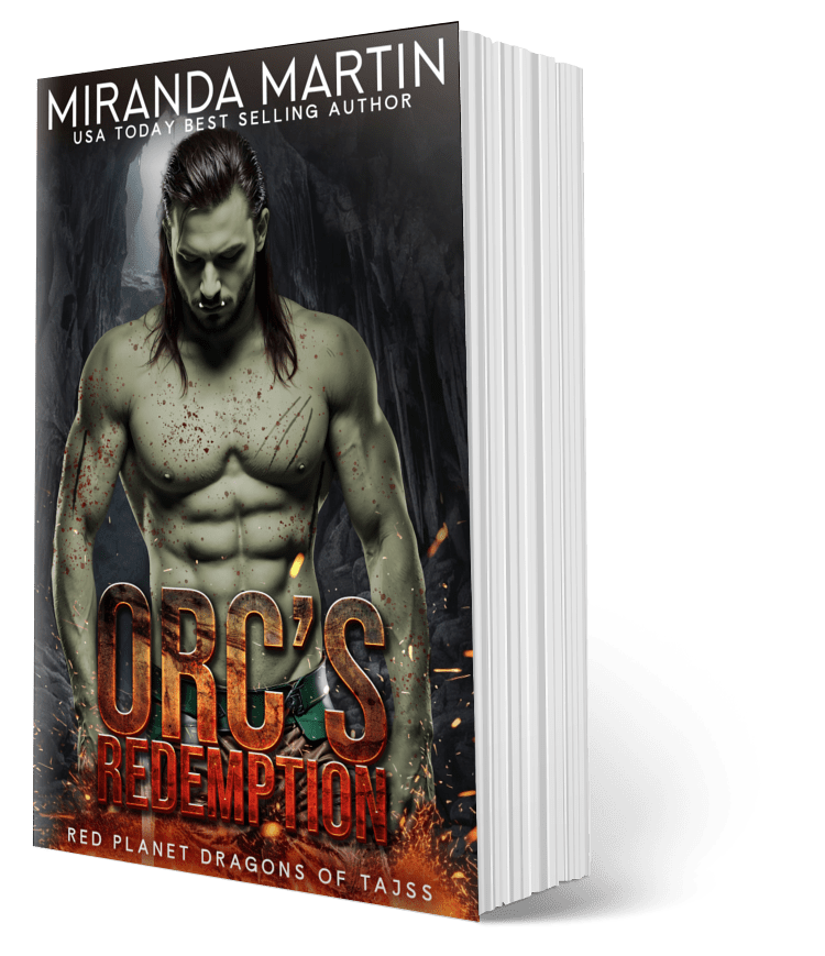 Book titled 'Orc's Redemption' by Miranda Martin with a dark cover featuring a muscular man.