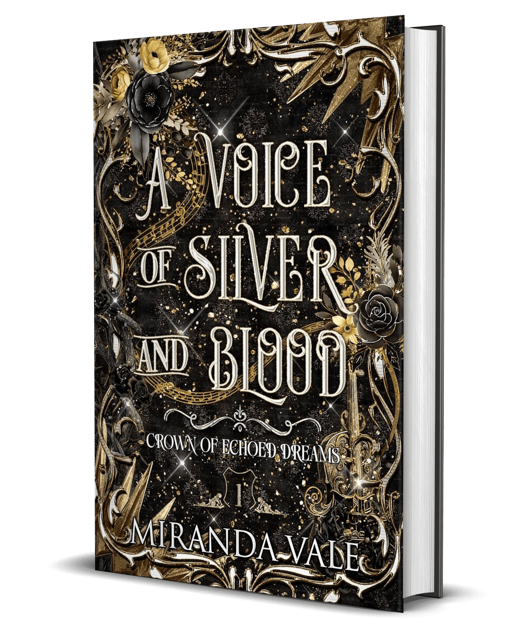 Book cover of 'A Voice of Silver and Blood' by Miranda Vale with ornate design elements.
