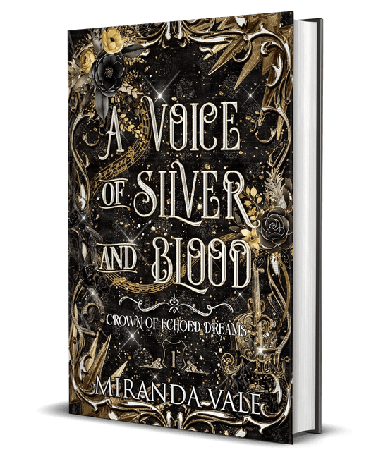 Book cover of 'A Voice of Silver and Blood' by Miranda Vale with ornate design elements.