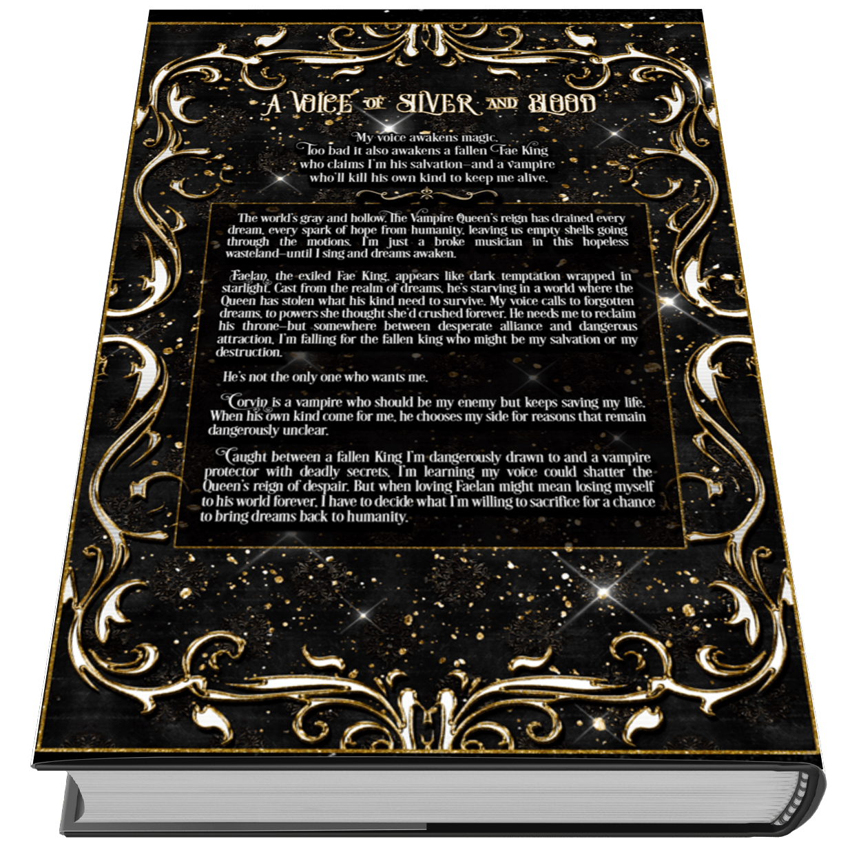 Decorative book with ornate gold design and text on a black background