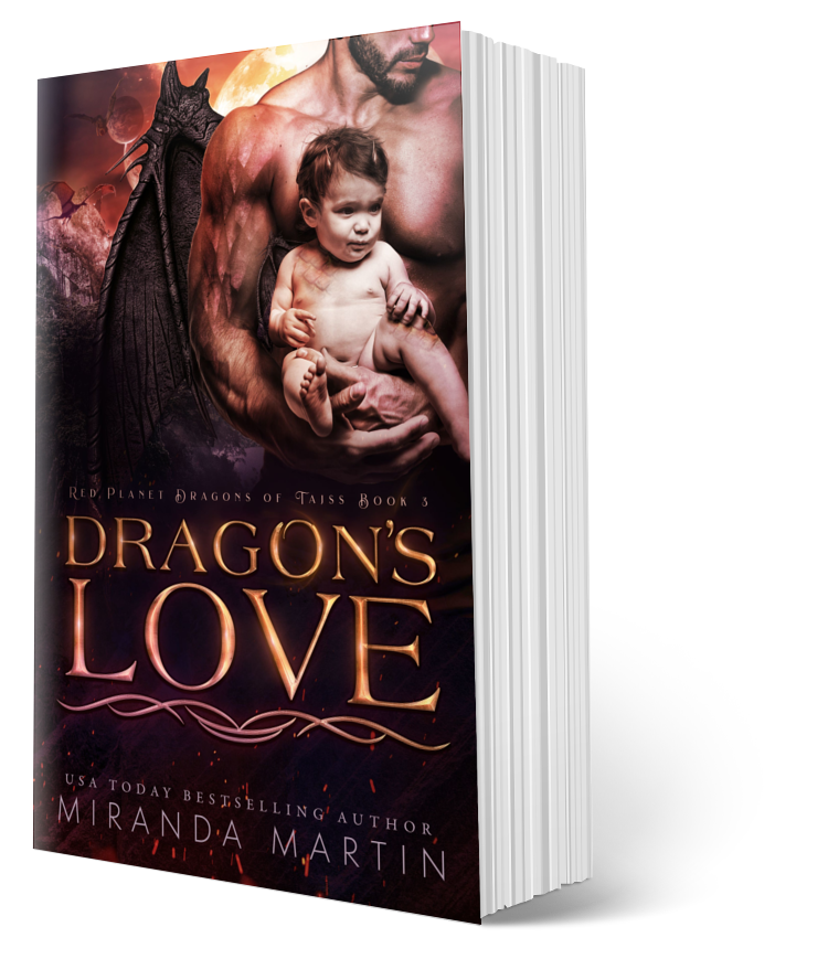 A cover image of a science fiction romance novel titled 'Dragon's Love' by Miranda Martin. The cover shows a male alien character with a baby on his hip, set against a backdrop of a desolate landscape with a sunset.