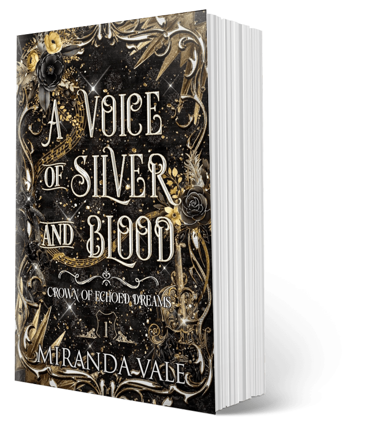 Book titled 'A Voice of Silver and Blood' by Miranda Vale with ornate cover design.