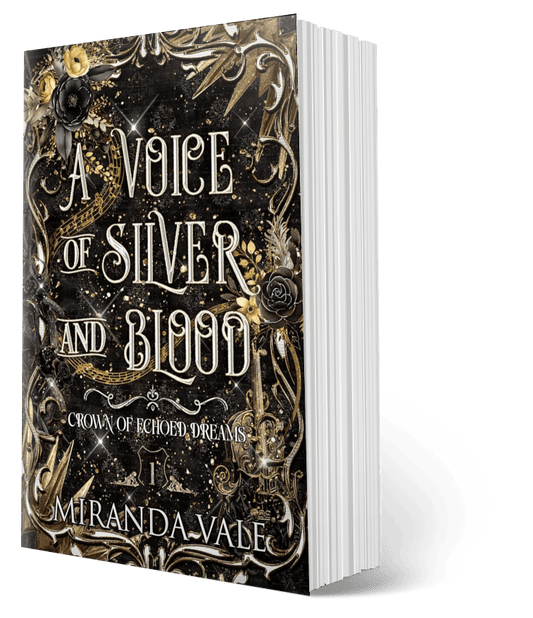Book titled 'A Voice of Silver and Blood' by Miranda Vale with ornate cover design.