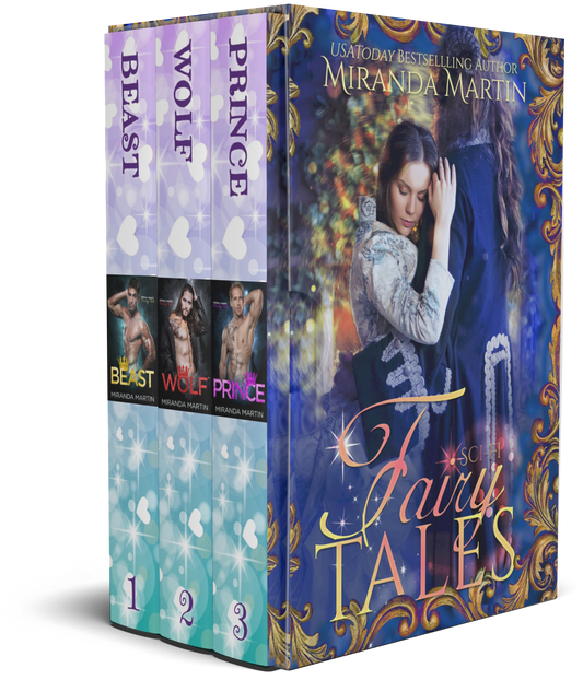 A book cover for 'Fairy Tales - A Filthy Sweet Sci Fi Retelling' featuring covers of three separate stories with a fantasy theme. The main cover has a woman in a blue dress with a man in a white shirt, with supporting characters and a magical motif in the background.