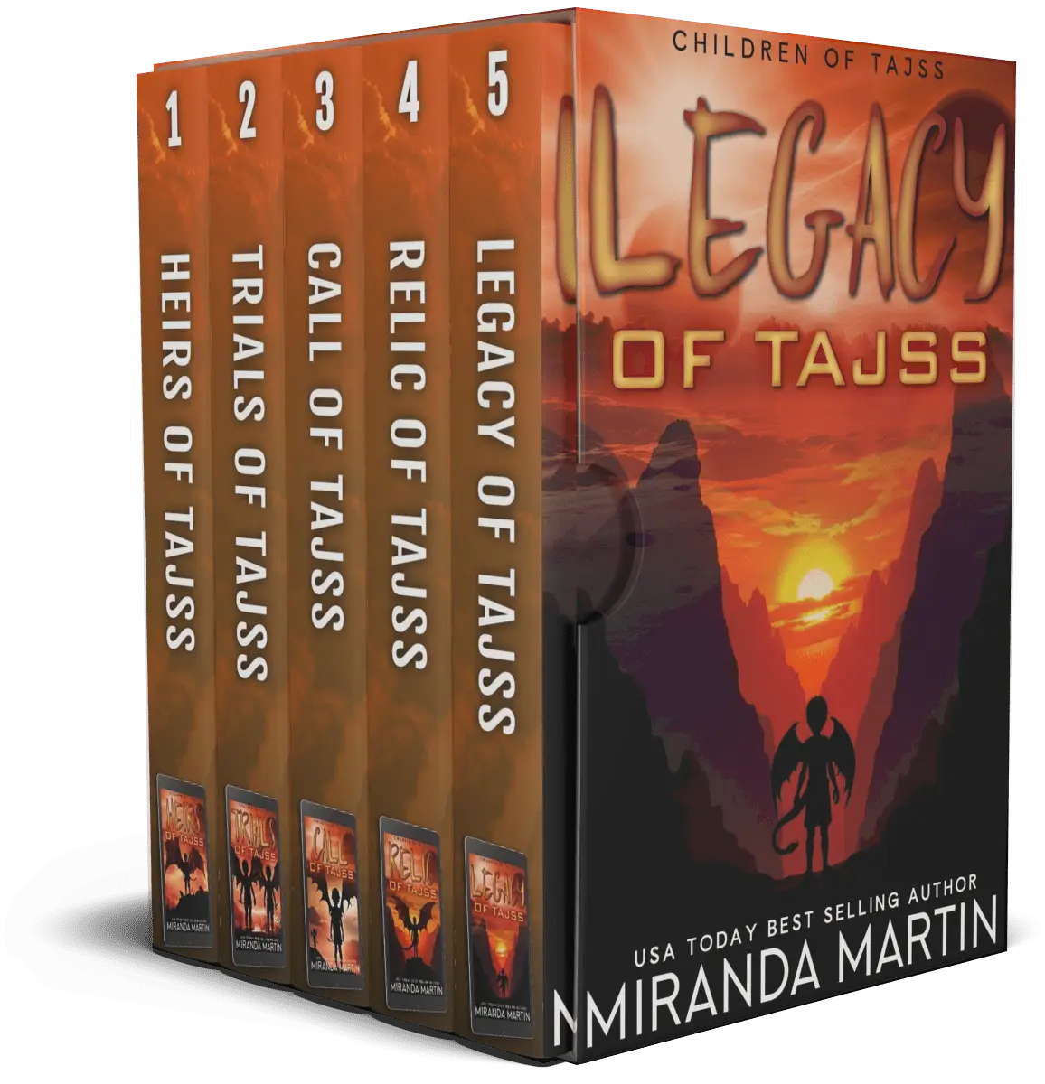 Five book covers of 'Legacy of Tajss' series by Miranda Martin on a white background