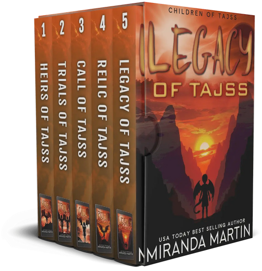 Five book covers of 'Legacy of Tajss' series by Miranda Martin on a white background