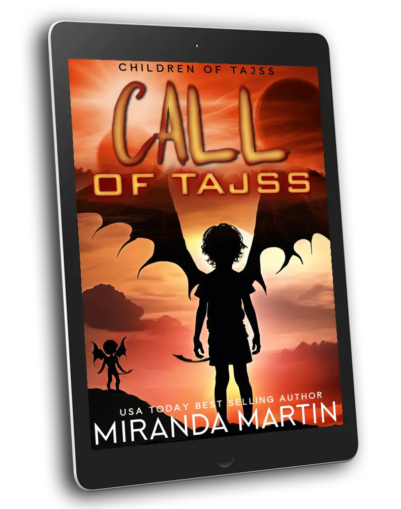 E-reader displaying the book cover of 'Call of Tajss' by Miranda Martin