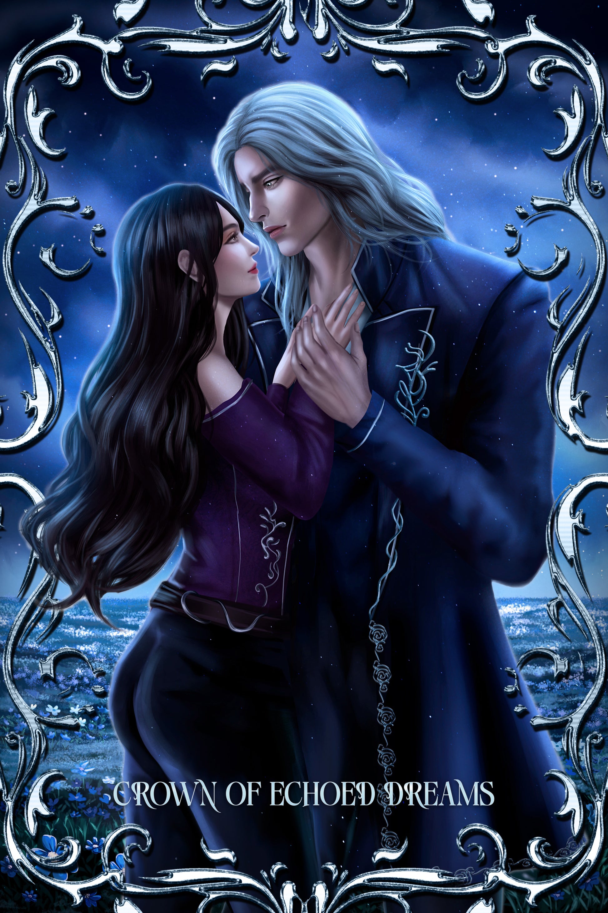 Illustration of a couple embracing with decorative frame and text 'Crown of Echoed Dreams'.