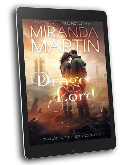 A digital tablet displaying the cover of the book 'Dragons & Phoenixes Book 1 - Dragon Lord' by Miranda Martin.