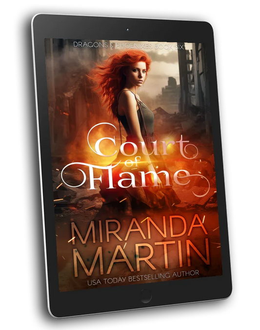 E-reader displaying the cover of 'Court of Flame' by Miranda Martin, featuring a woman with red hair and a fantasy-themed book title.