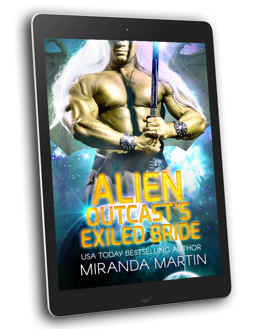 E-book cover of 'Alien Outcasts Exiled Bride' featuring a man with blue hair and a sword, against a space-themed background.