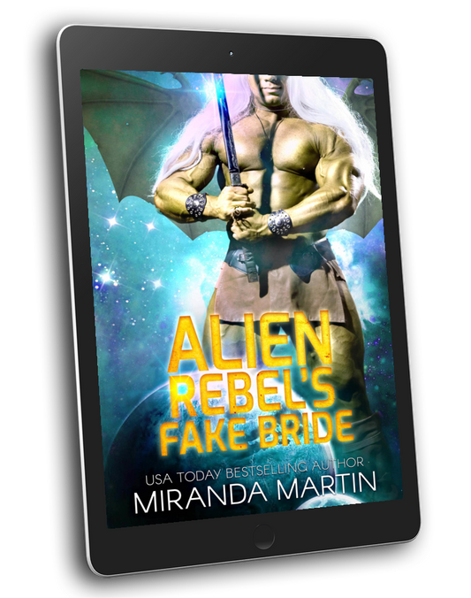 Ebook cover of 'Draconian Warriors Book 13 - Alien Rebel's Fake Bride' featuring a male alien character with wings and a sword against a cosmic background.