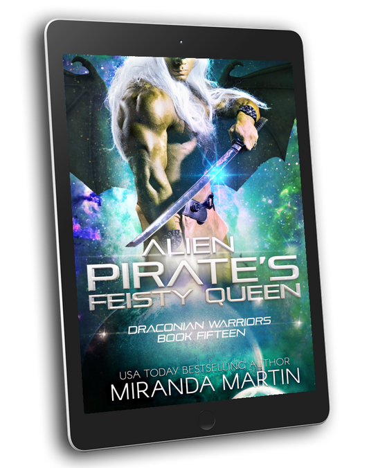 Ebook cover of 'Draconian Warriors Book 15 - Alien Pirate's Feisty Queen' featuring a digital illustration of two aliens, one human-like and the other with a reptilian appearance, in a dynamic pose against a cosmic space background.