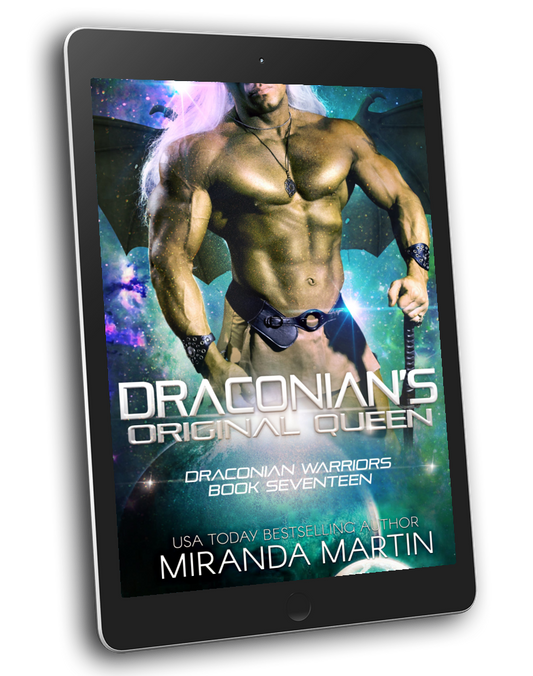 Ebook cover of 'Draconian Warriors Book 17 - Draconian's Original Queen' featuring a muscular male alien character with a sword, set against a cosmic space background.