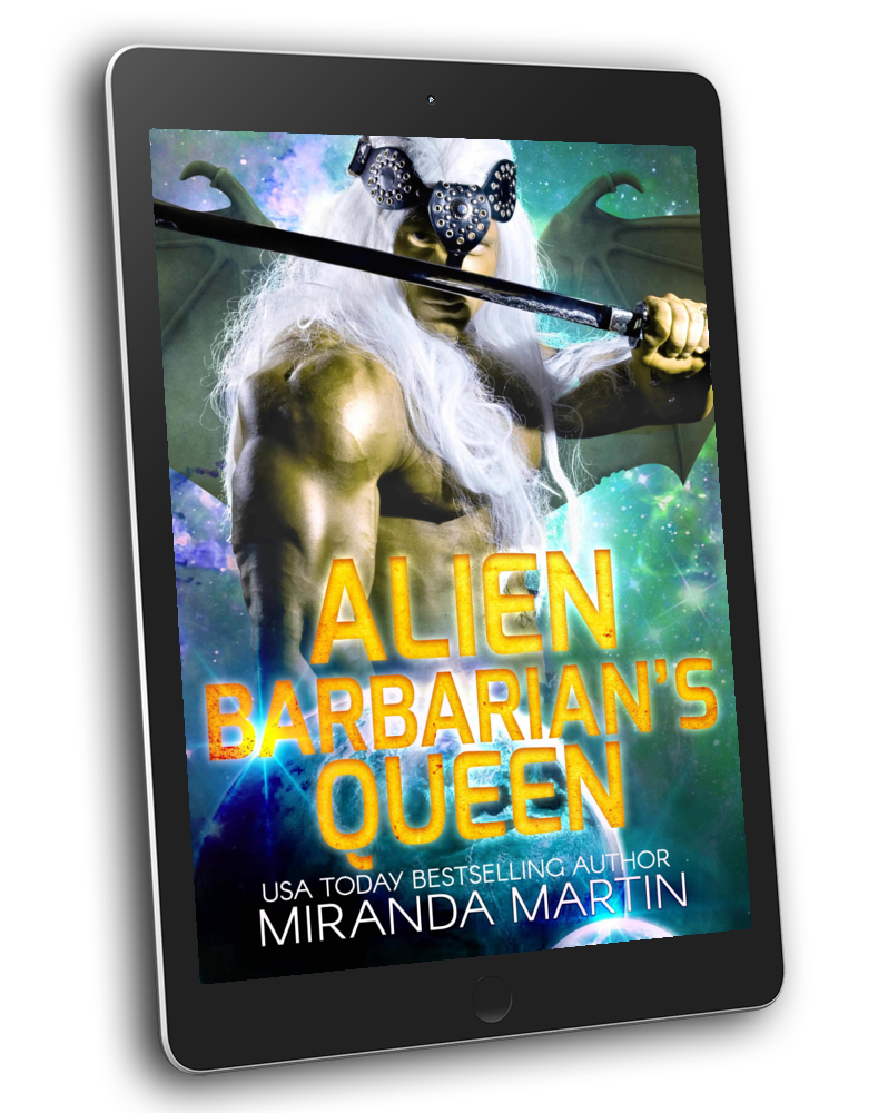 E-book cover of 'Alien Barbarian's Queen' featuring a fantasy character with a sword and a cosmic space background.
