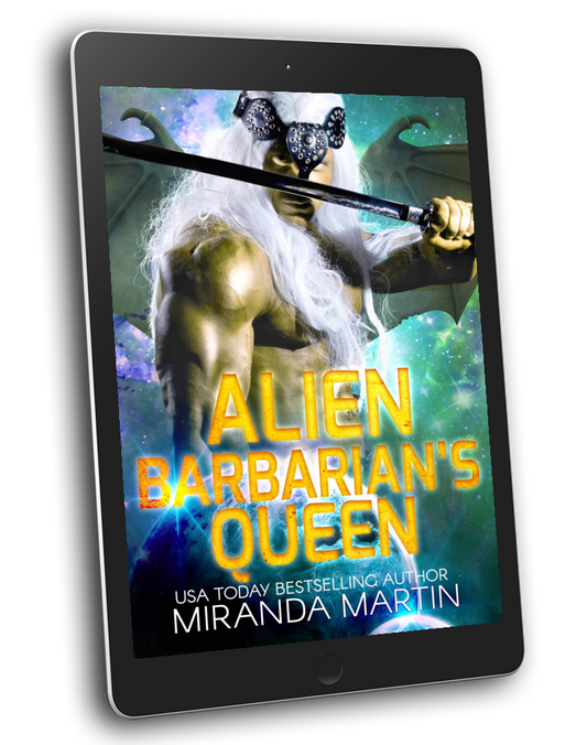 E-book cover of 'Alien Barbarian's Queen' featuring a fantasy character with a sword and a cosmic space background.
