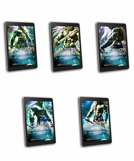 A series of five book covers for the Draconian Warriors Bundle, featuring illustrations of a male alien character with a rugged appearance and a human female character in a science fiction setting.