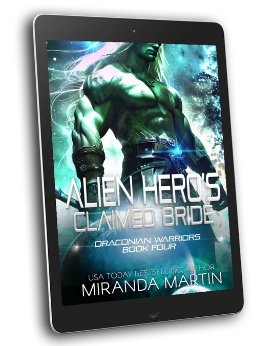 E-book cover of 'Alien Hero's Claimed Bride' featuring a fantasy/sci-fi male character with a green backdrop, title, and author's name.