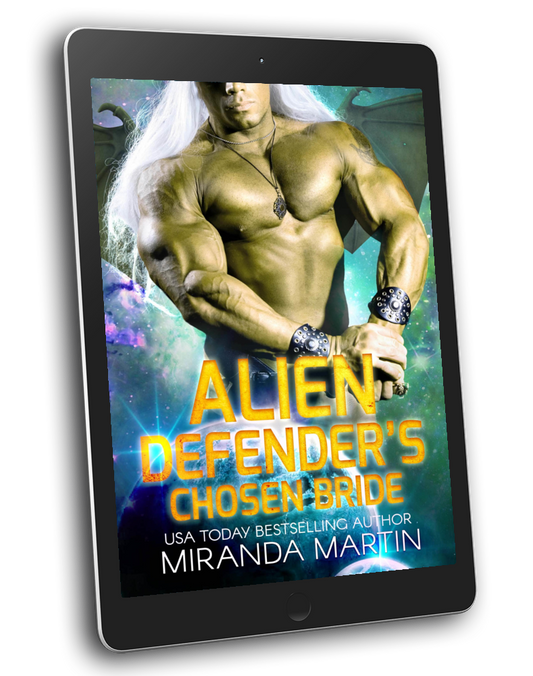 E-book cover of 'Alien Defender's Chosen Bride' featuring a muscular male character with a green and silver backdrop, holding a tablet which displays the title and author's name.