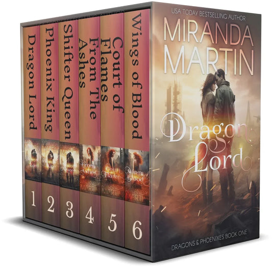 A book bundle titled 'Dragon & Phoenixes' by Miranda Martin, featuring five books with titles 'Wings of Ash', 'Courts of Blood', 'Dragon Lord', 'Blood Queen', and 'Phoenix Rising'. The cover image shows the spines of the books with a digital copy of the last book in the series, 'Phoenix Rising', displaying a couple embracing against a backdrop of ruins.