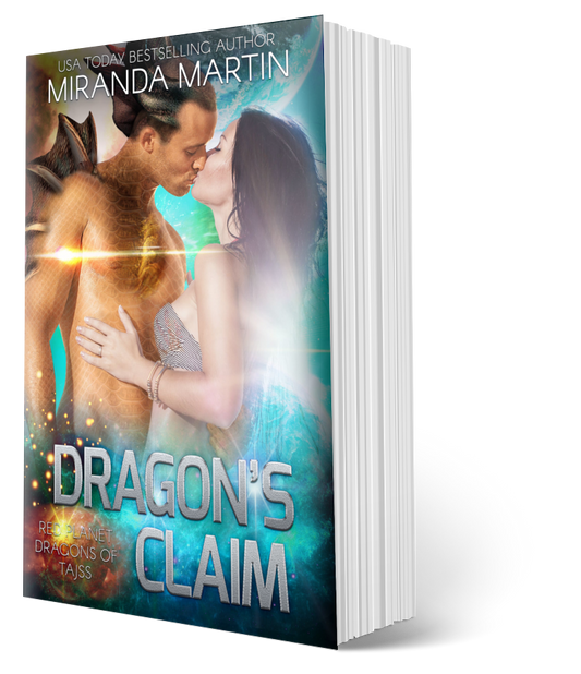 Book titled 'Dragon's Claim' by Miranda Martin with a fantasy cover featuring a dragon and a woman.
