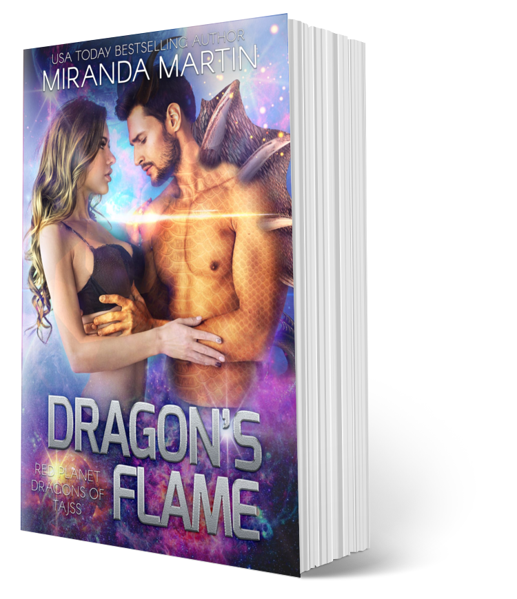 Book titled 'Dragon's Flame' by Miranda Martin with a fantasy cover featuring a couple and dragon.