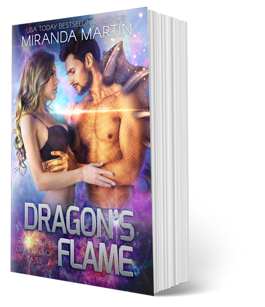 Book titled 'Dragon's Flame' by Miranda Martin with a fantasy cover featuring a couple and dragon.