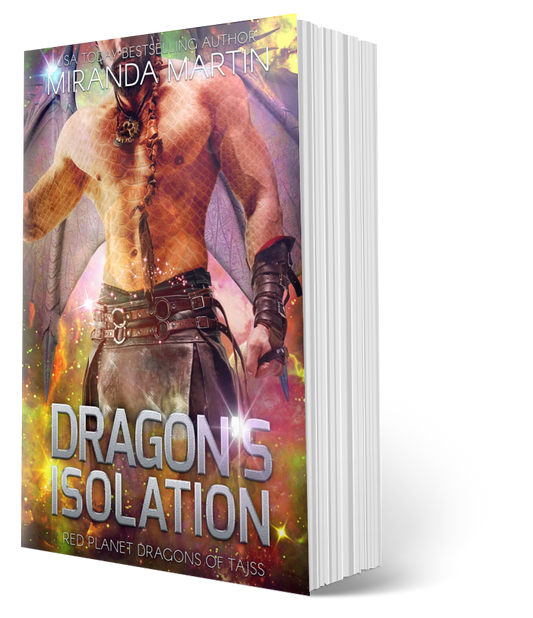 Book cover of 'Dragon's Isolation' by Miranda Martin with a dragon and warrior design.