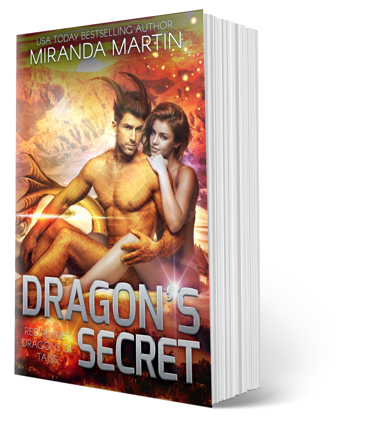 Book titled 'Dragon's Secret' by Miranda Martin with a fantasy cover featuring two people and dragons.