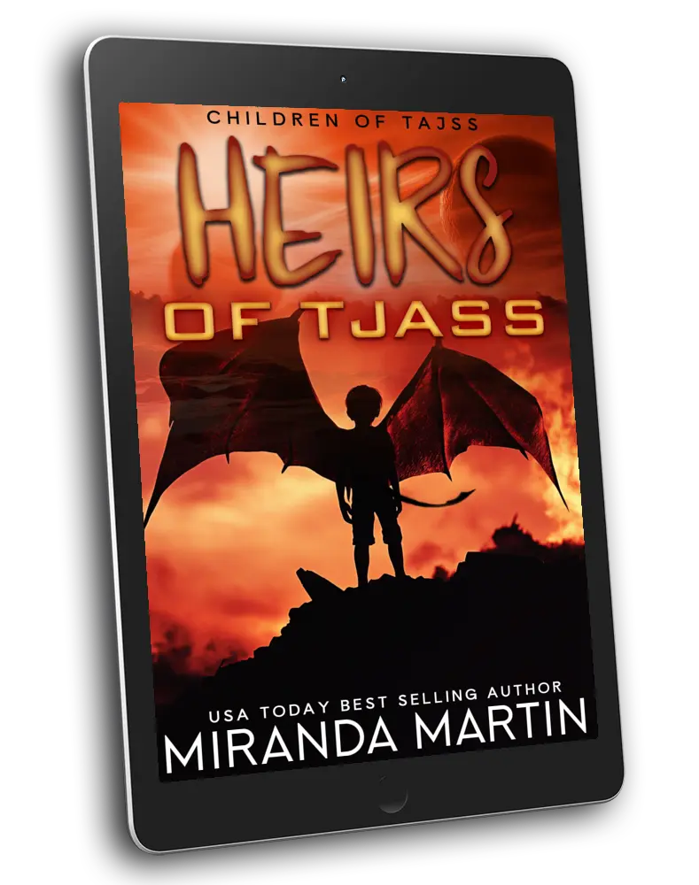 E-reader displaying the book cover of 'Heirs of Tjass' by Miranda Martin with a silhouette of a person and dragon against an orange sky.
