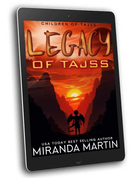 Ebook cover of 'Legacy of Tajss' by Miranda Martin on a tablet screen.