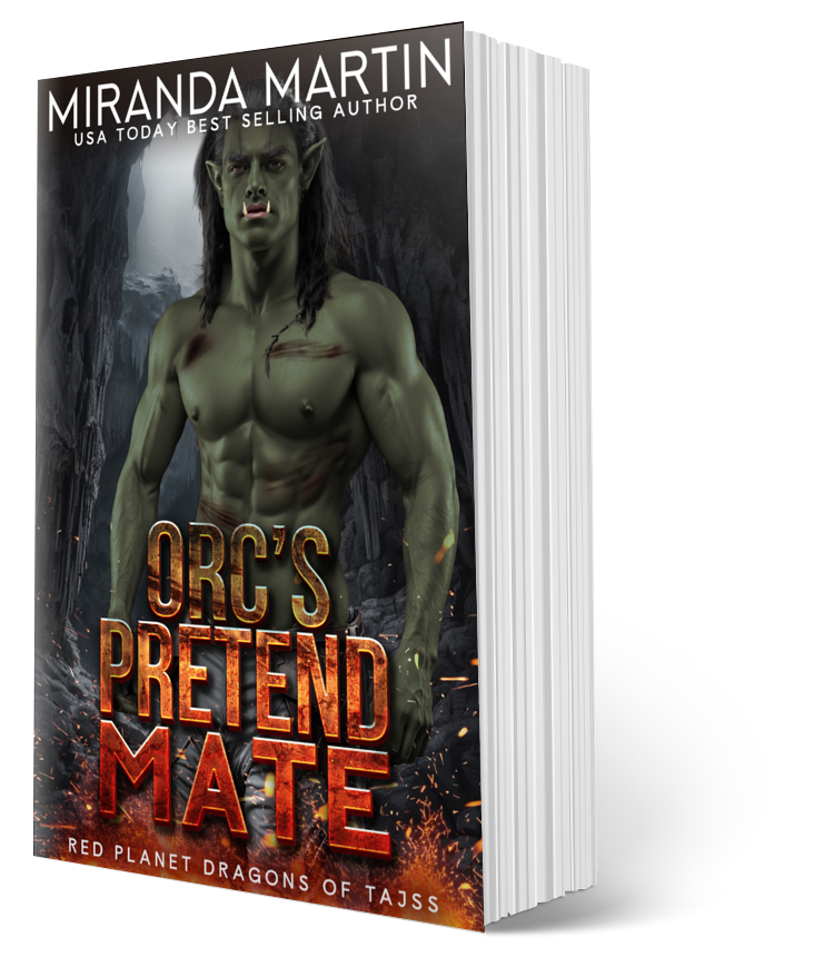Paperback book titled 'Orc's Pretend Mate' by Miranda Martin, featuring a male orc character on the cover.