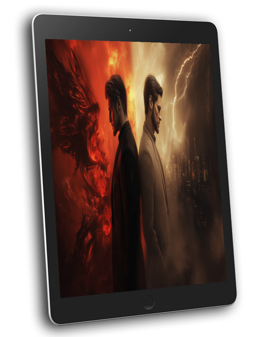 A digital tablet displaying an e-book or e-reader screen with a cover image of a romance novel featuring a man and a angel, set against a dramatic sky with dark clouds and a shadowy figure of a demon.