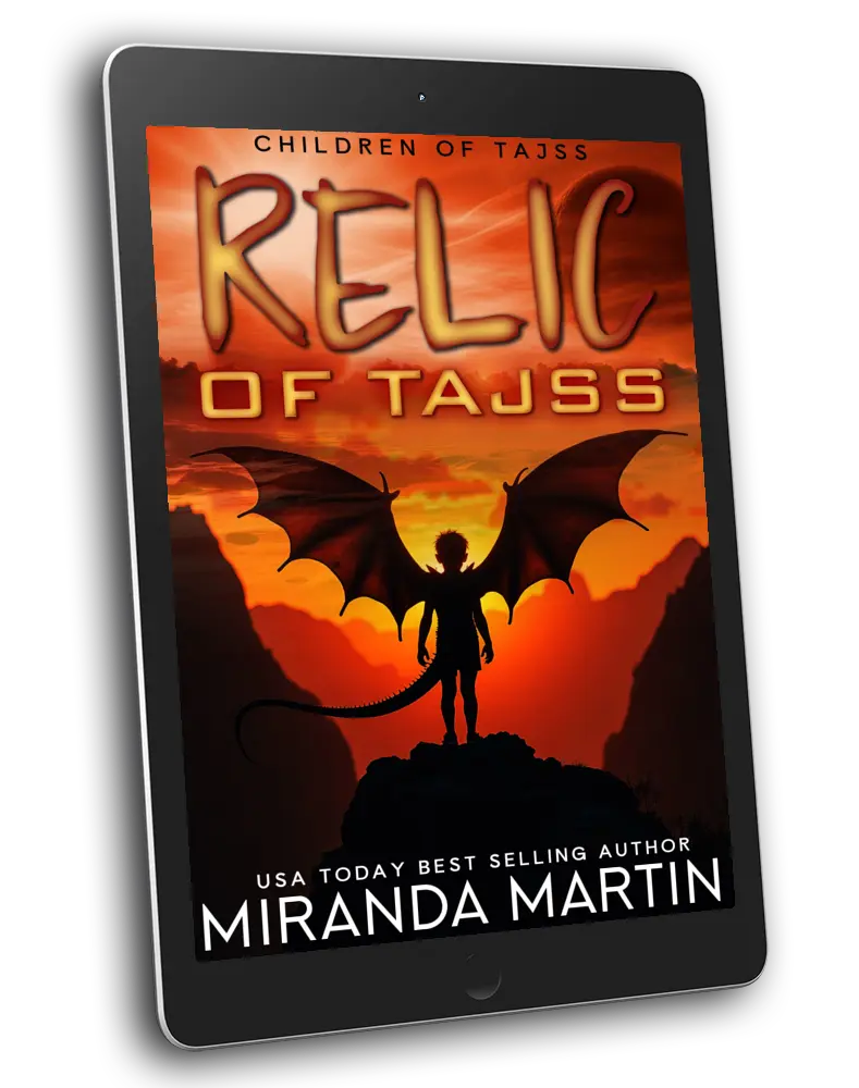 Ebook cover of 'Relic of Tajss' by Miranda Martin on a tablet screen.