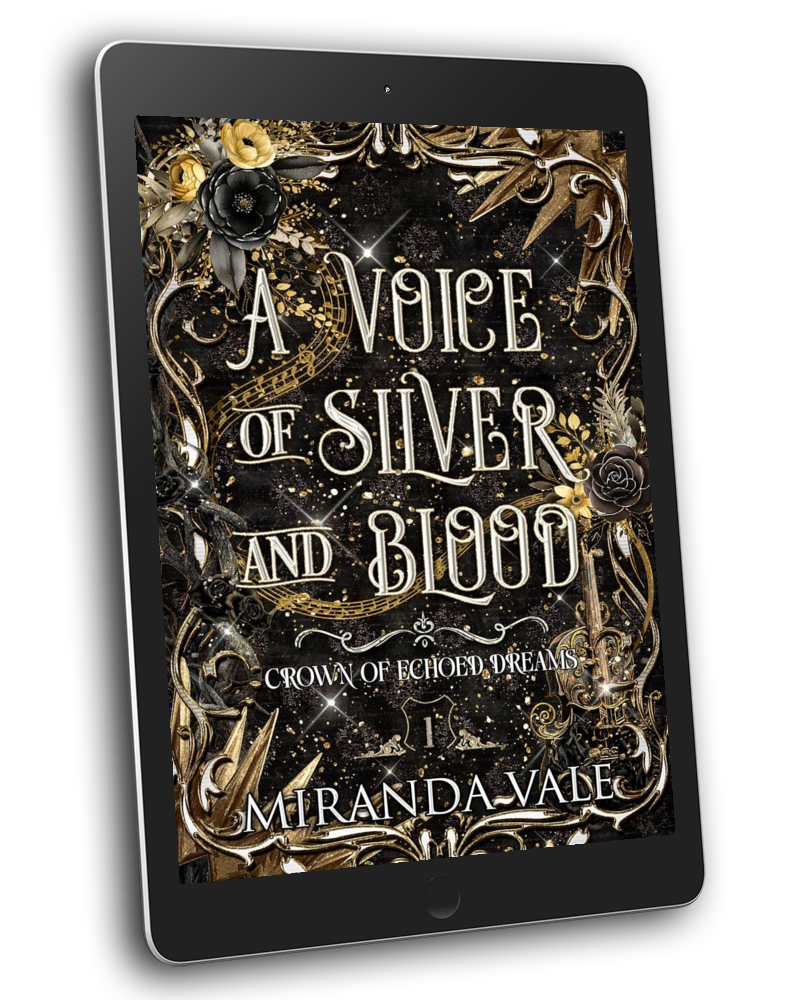 Digital book cover of 'A Voice of Silver and Blood' by Miranda Vale on a tablet screen.