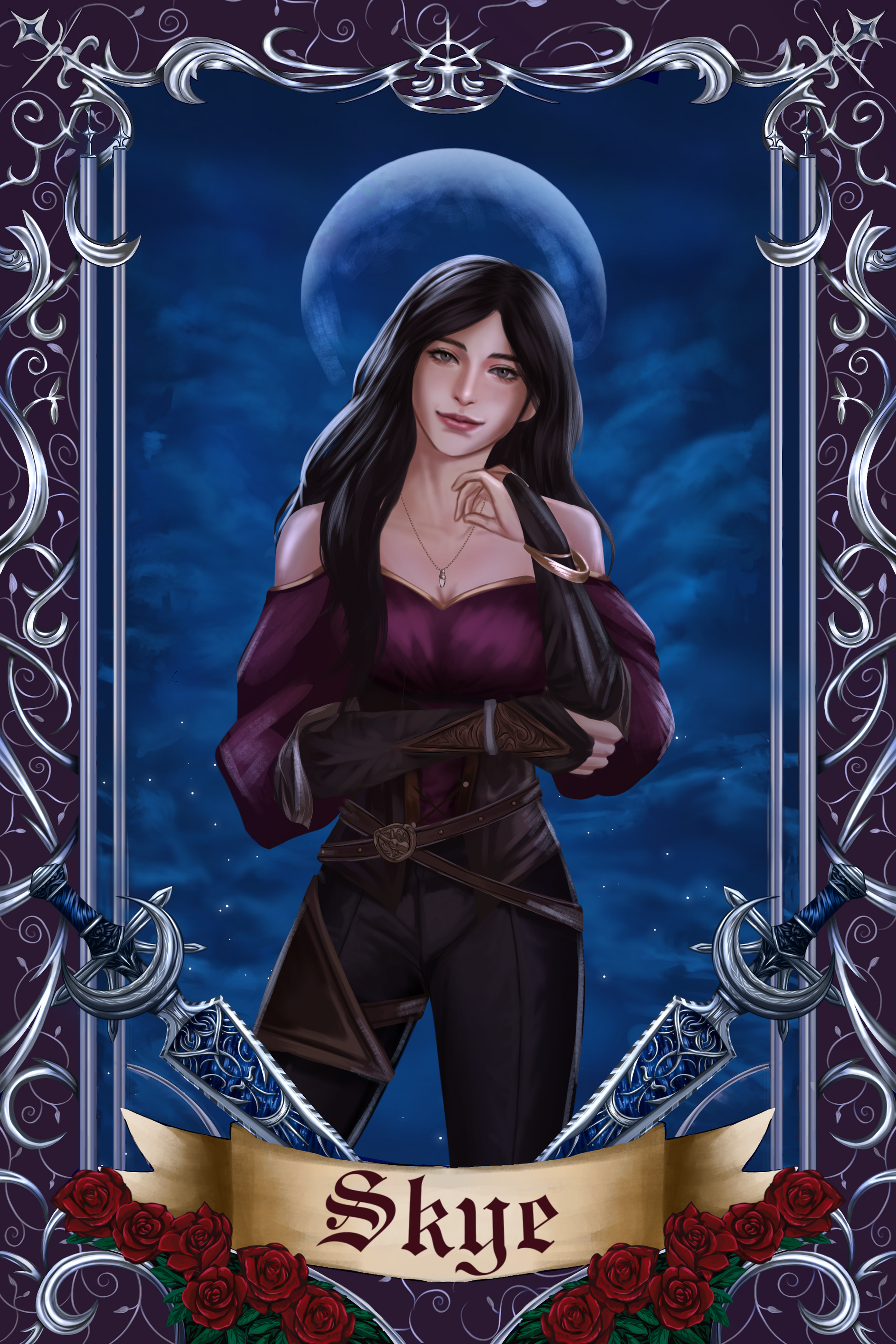 Illustration of a character named Skye with a decorative border and emblem.