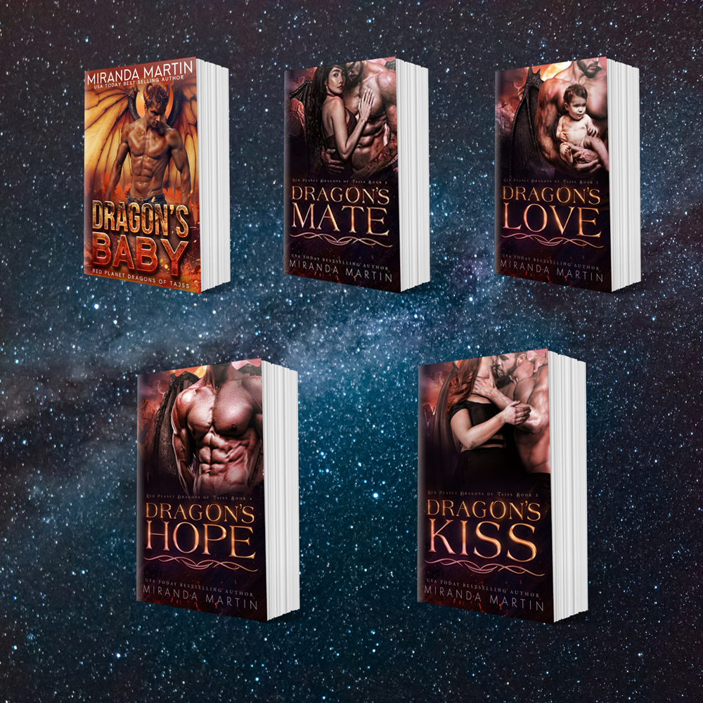 Five books from the 'Dragon's Mate' series by Miranda Martin on a starry background