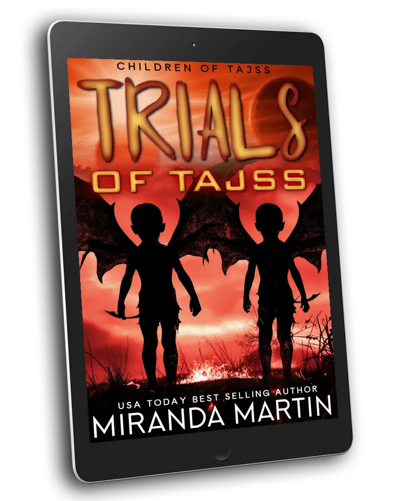 Ebook cover of 'Trials of Tauss' by Miranda Martin on a tablet screen.
