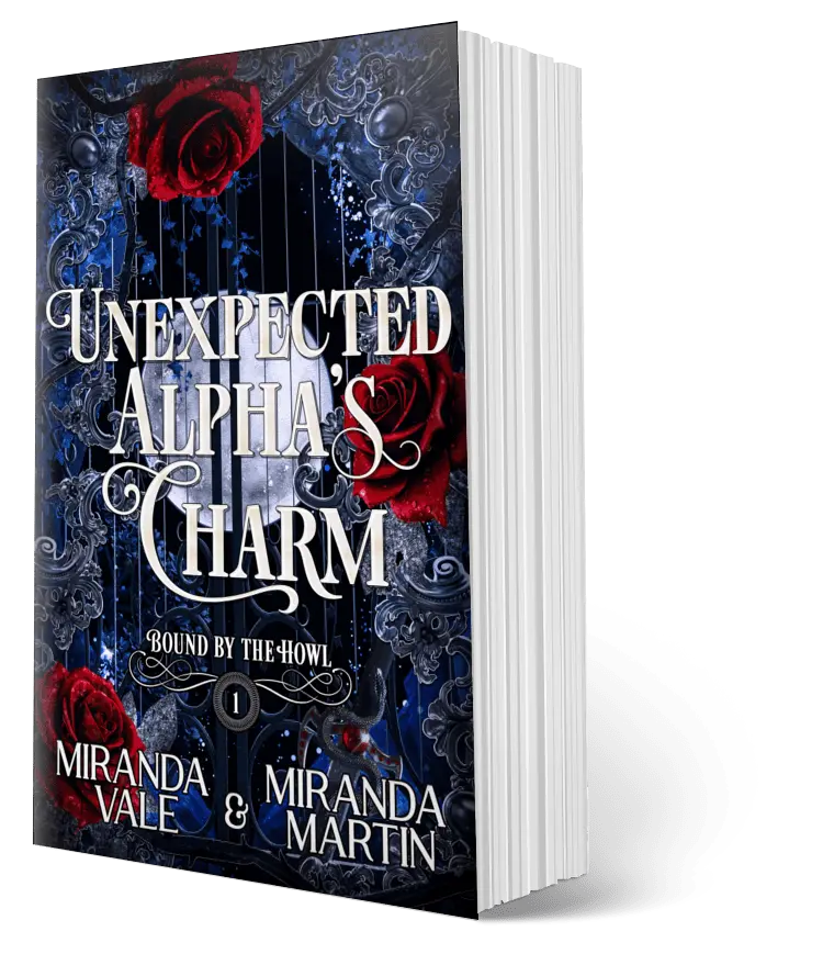 Book titled 'Unexpected Alpha's Charm' by Miranda Vale and Miranda Martin with a dark and romantic cover design.