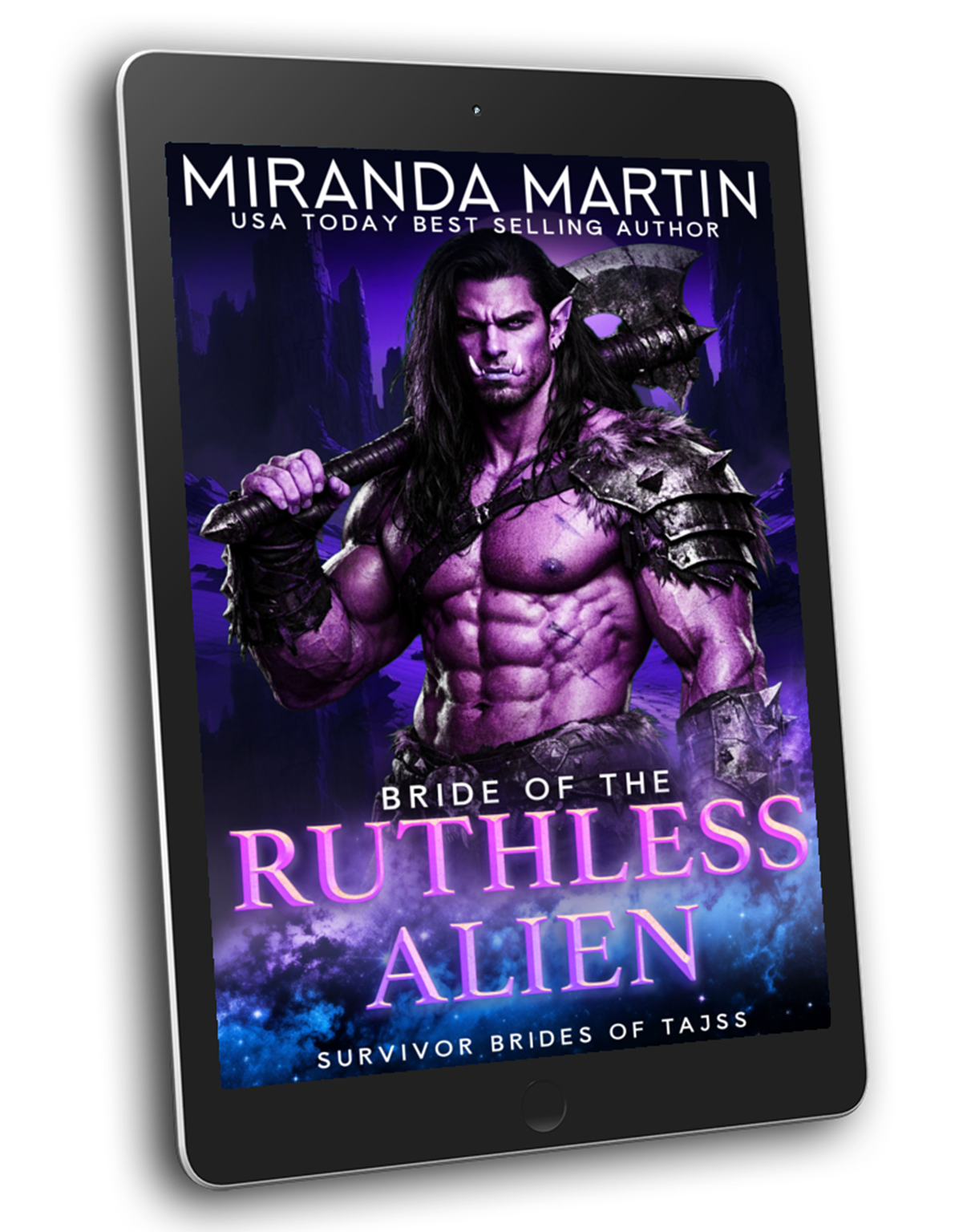 Ebook cover of 'Bride of the Ruthless Alien' by Miranda Martin on a tablet screen.